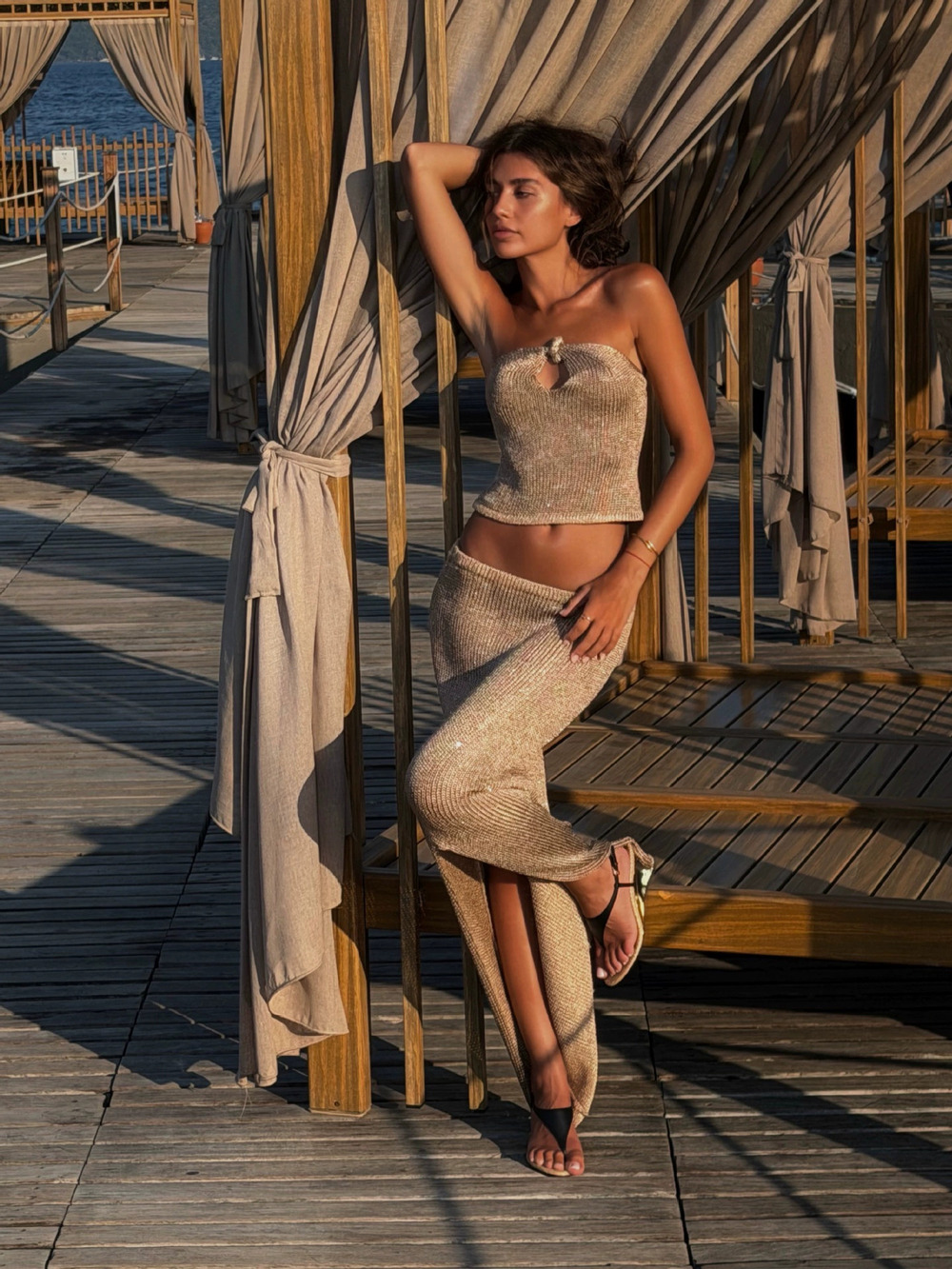 Zara Summer Knit Hollow Out Cami Maxi Skirt 2-Piece Set Beach Vacation